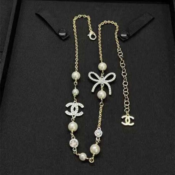 Chanel Bow Round Diamond Double C Full Diamond Pearl Necklace - Picture 1 of 4